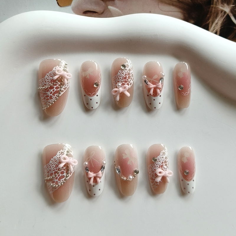 Nail Art Aesthetic - 10 Stück Französische 3D-Schleifenknoten-Strass-Spitzen-Polka-Dot-Design Handgefertigte Aufklebenägel