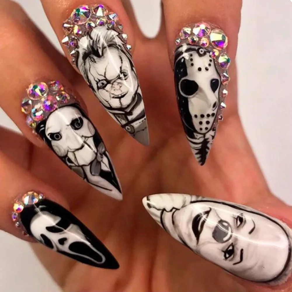 Nail Art Vampire - 24 Stück glänzende lange Mandel-Halloween-Nägel zum