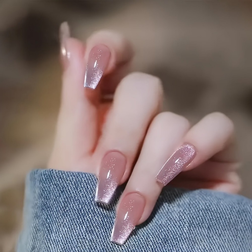 Nail Art Design - 24 Stück Funkelnde Rosa Glitzer-Katzenaugen-Design Lange