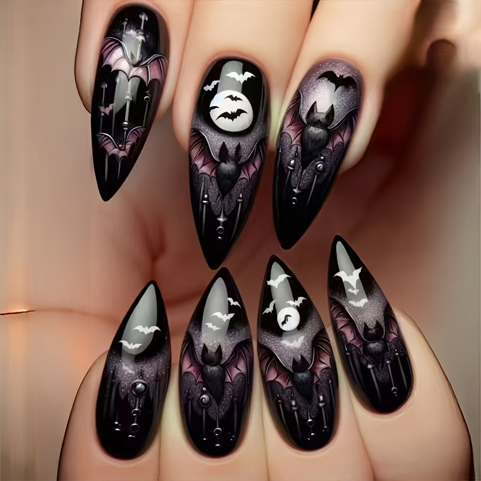 Nail Art Aesthetic - 24 Stück Halloween-Kunstnägel, schwarze Mandel-Press-On-Nägel mit